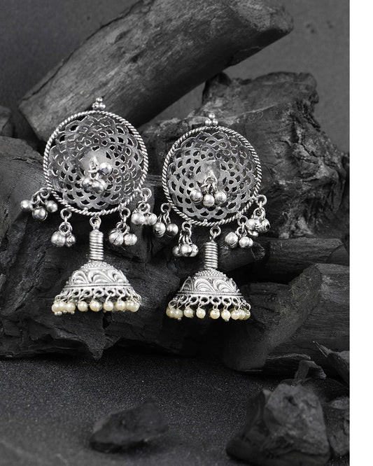 Women's Oxidised Silver-Plated Jhumka with Bead drop