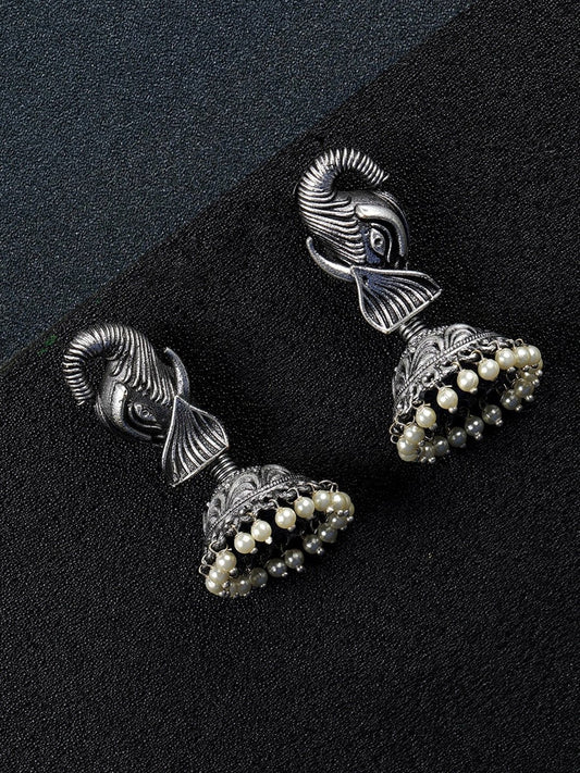 Women's Oxidised Silver-Plated Jhumka with Bead drop