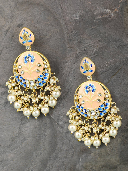 Women's Gold-Plated Stone Studded Handcrafted Chandbali with Peal drop