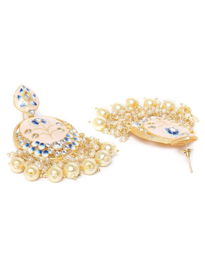 Women's Gold-Plated Stone Studded Handcrafted Chandbali with Peal drop