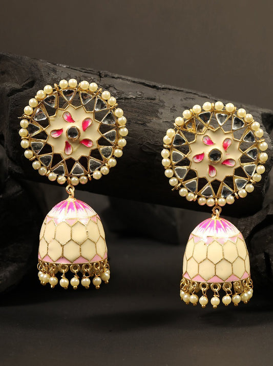 Women's Gold-Plated Kundan and beads Studded Handcrafted Jhumka with Peal drop