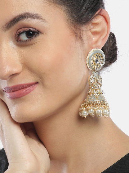 Women's Grey Colored Kundan Studded and Beaded Earrings