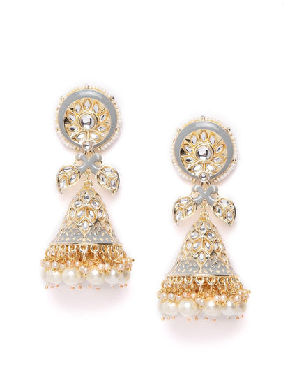 Women's Grey Colored Kundan Studded and Beaded Earrings