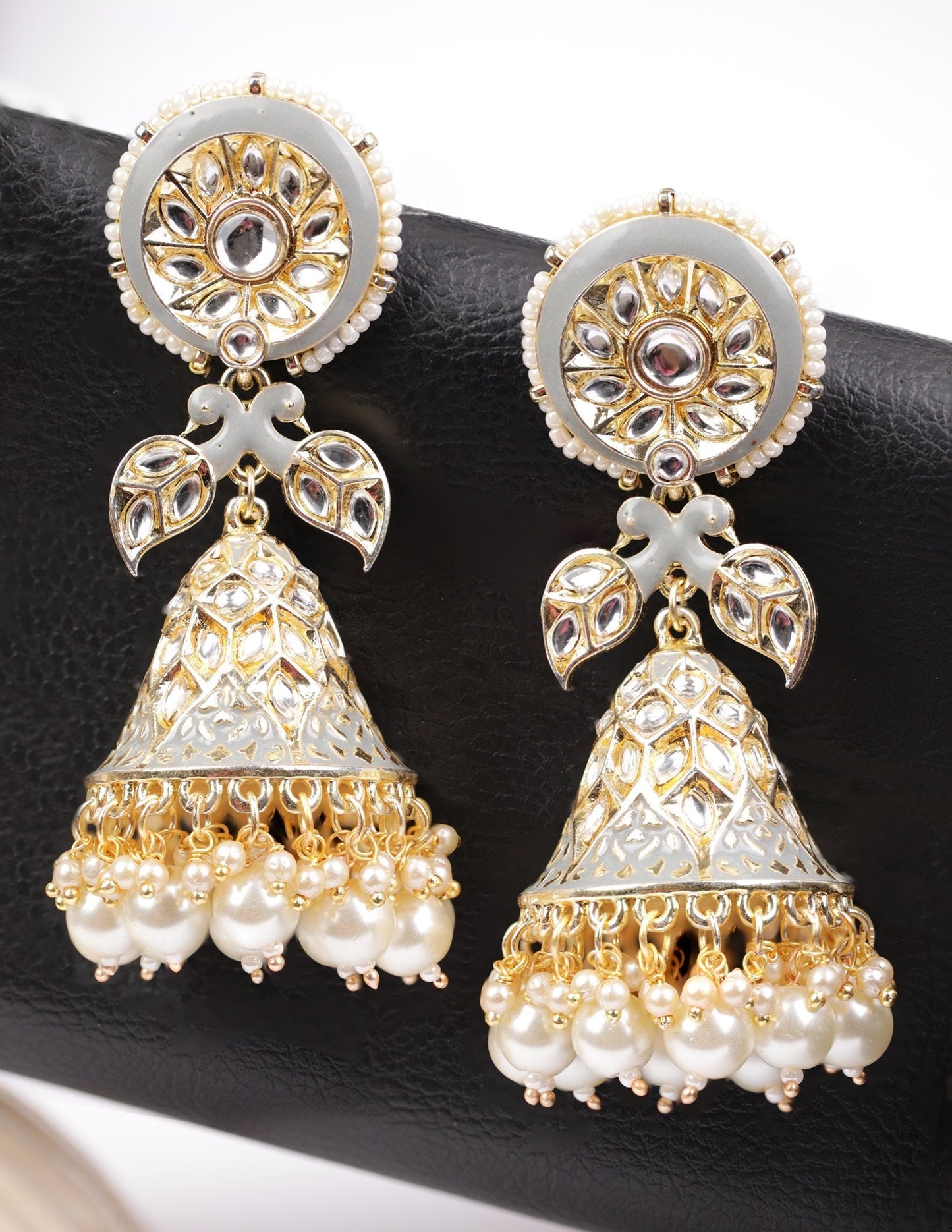 Women's Grey Colored Kundan Studded and Beaded Earrings