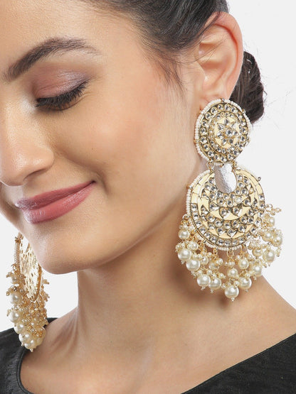 Women's Kundan Studded and Beaded Peach Colored Earrings