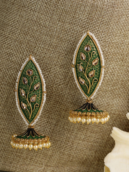 Women's Kundan Studded Beaded Green Drop Earring