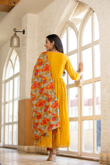 Women's Yellow Floral Print Anarkali Suit Set