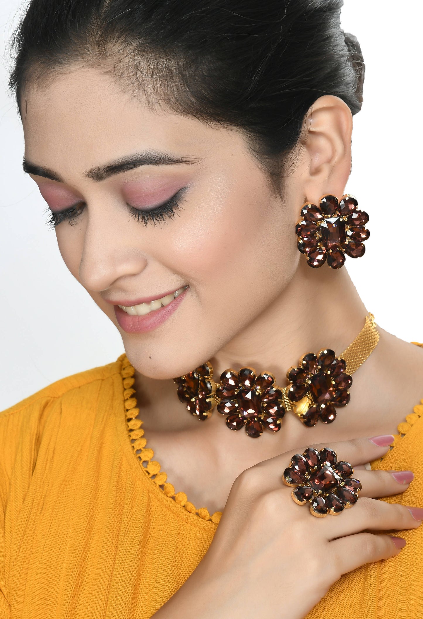 Designer Golden Plating Choker Set with Earrings and Ring Jkms_176