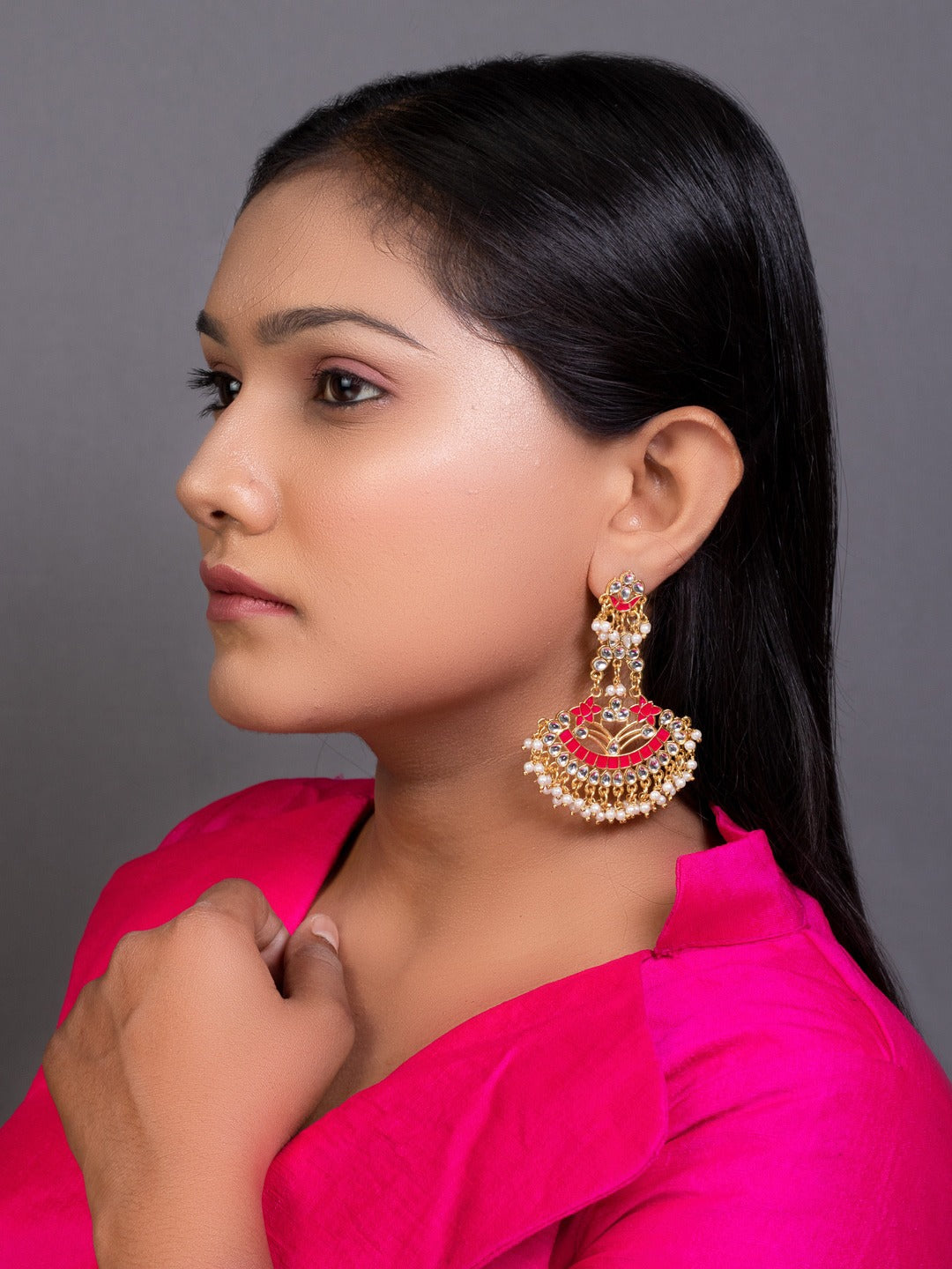 Women's Gold-Toned & Pink Crescent Shaped Chandbalis