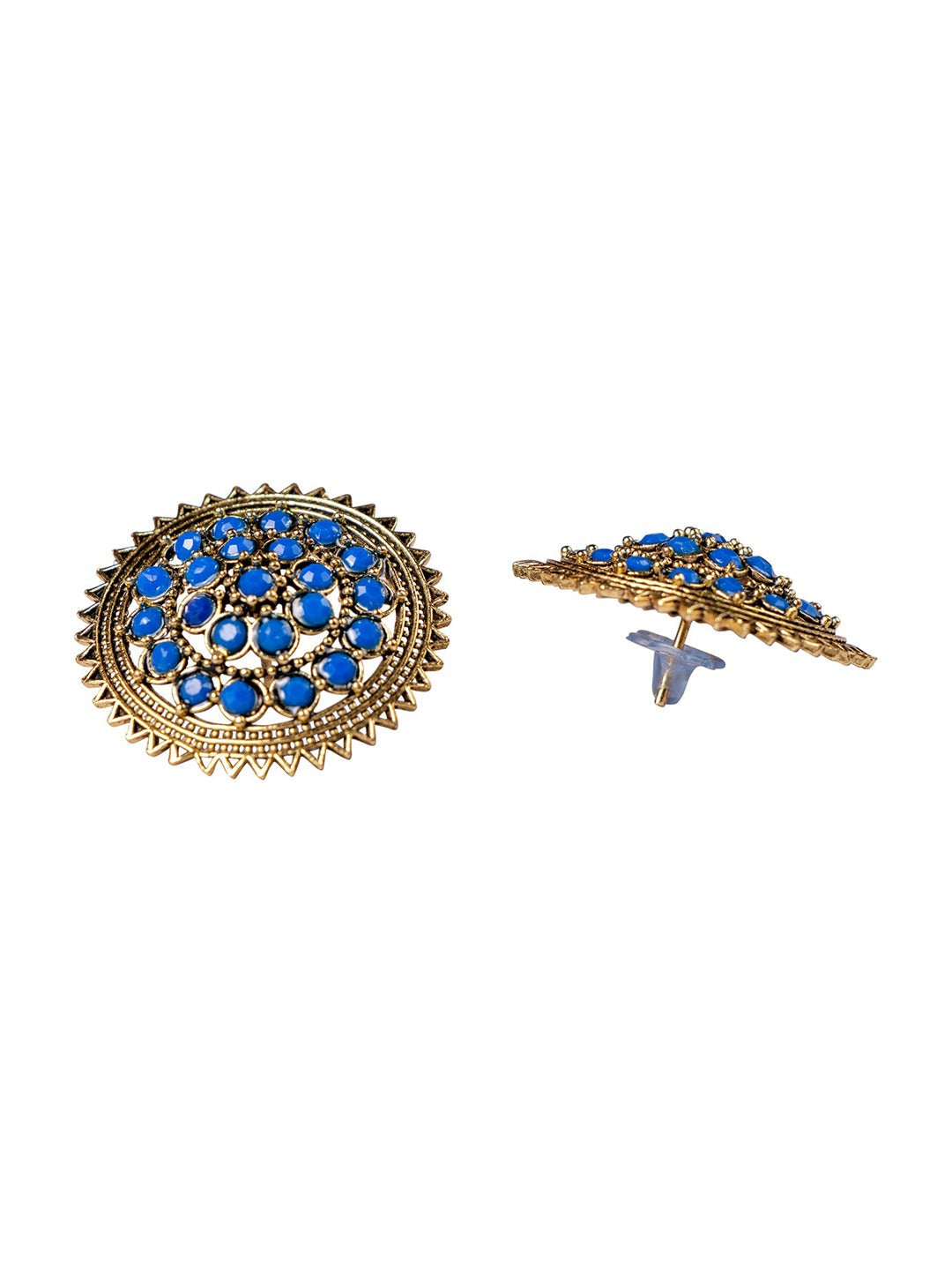 Women's Navy Blue Gold Plated Circular Artificial Beaded Handcrafted Studs Earrings