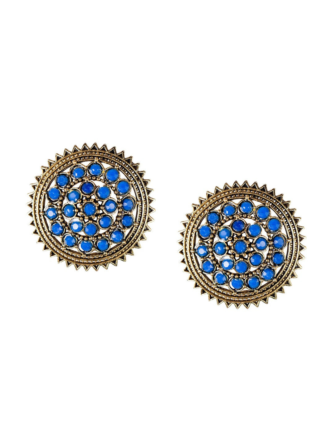 Women's Navy Blue Gold Plated Circular Artificial Beaded Handcrafted Studs Earrings