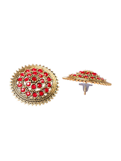 Women's Red Gold Plated Circular Artificial Beaded Handcrafted Studs Earrings