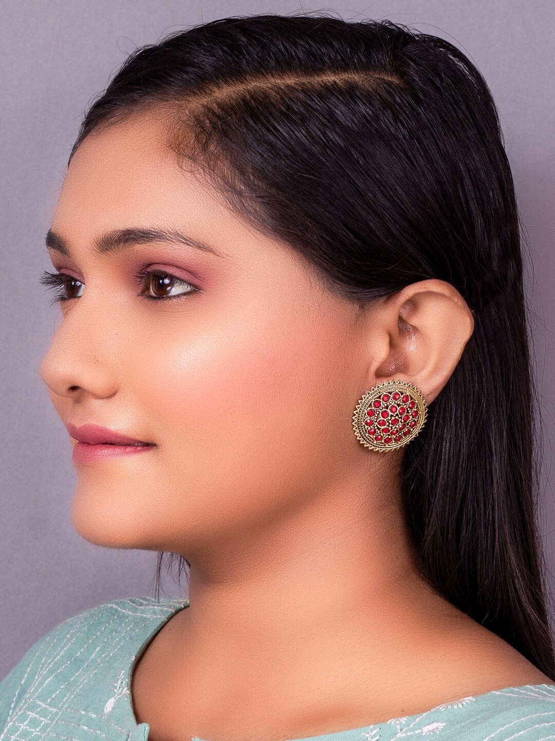 Women's Red Gold Plated Circular Artificial Beaded Handcrafted Studs Earrings