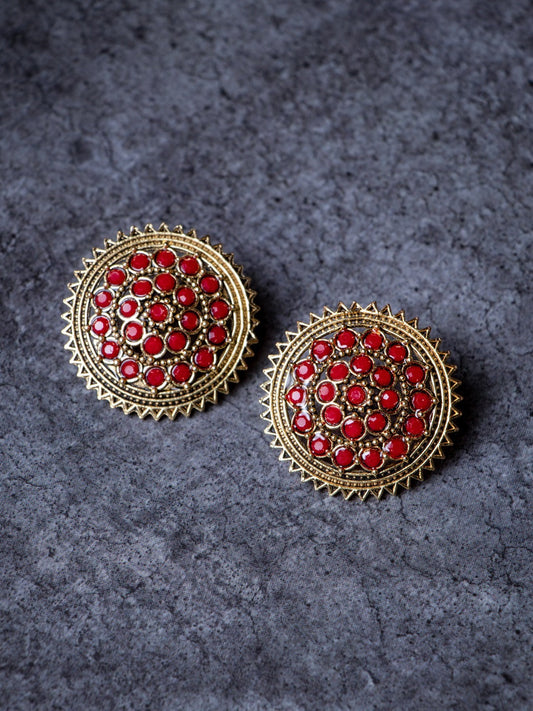 Women's Red Gold Plated Circular Artificial Beaded Handcrafted Studs Earrings