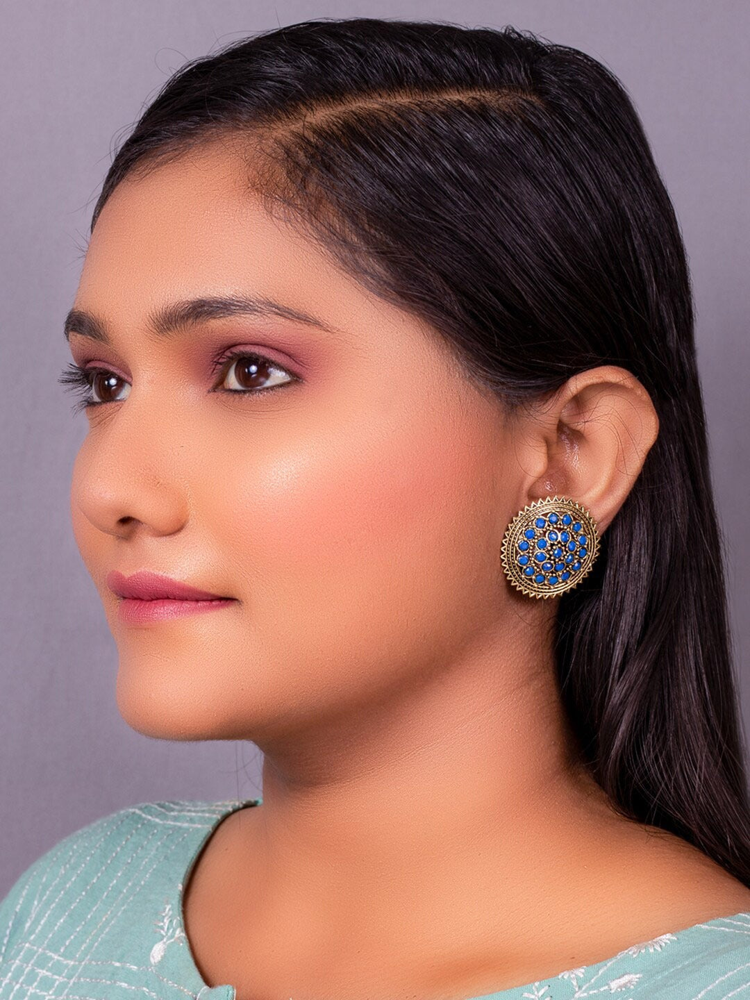 Women's Gold-Plated & Blue Circular Shaped Handcrafted Studs Earrings