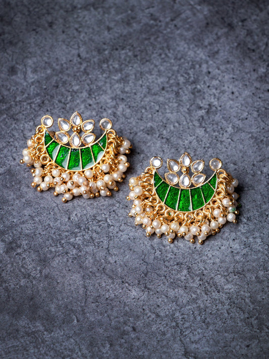 Women's Green & Gold-Toned Contemporary Studs Earrings