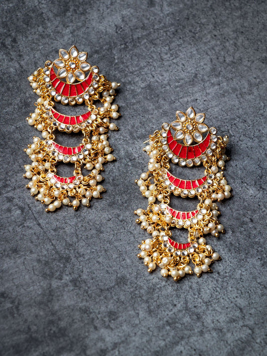 Women's Gold-Toned Pink Enamel Kundan Studded & Pearl Beaded Chandbali Earrings