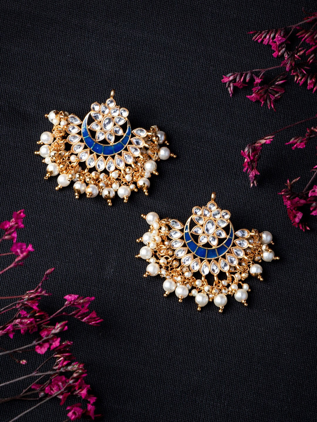 Women's Navy Blue & Gold-Toned Contemporary Chandbalis Earrings