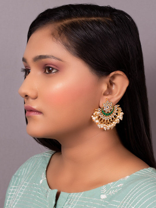 Women's Green & Gold-Toned Contemporary Chandbalis Earrings