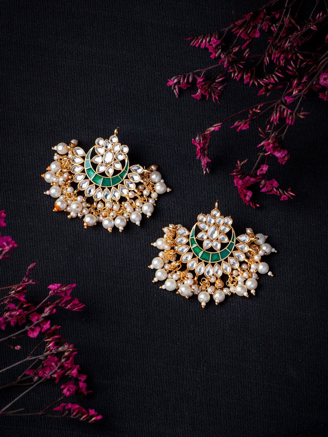 Women's Green & Gold-Toned Contemporary Chandbalis Earrings