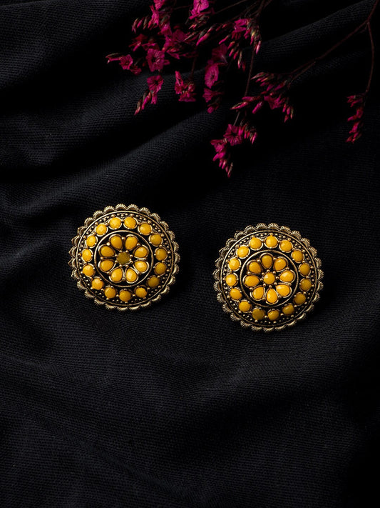 Women's Yellow Gold Plated Circular Artificial Beaded Handcrafted Studs Earrings