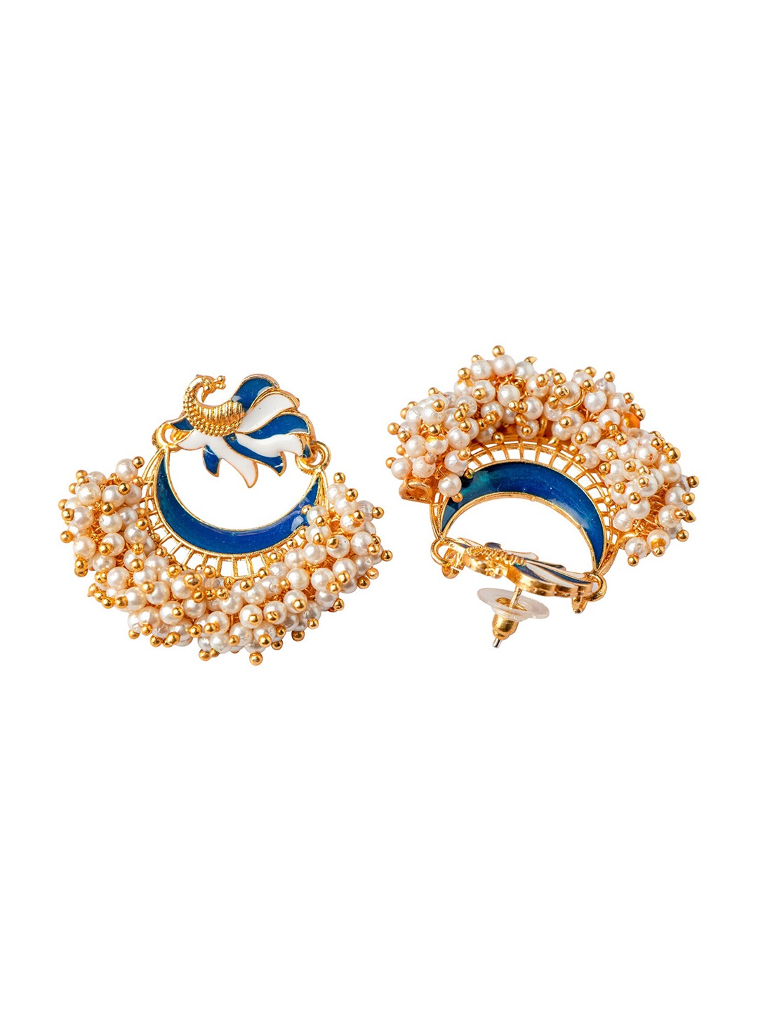 Women's Blue Gold-Toned Pearl Beaded Enamelled Peacock Shaped Chandbali Earring