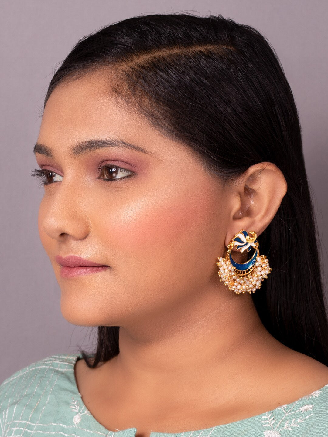 Women's Blue Gold-Toned Pearl Beaded Enamelled Peacock Shaped Chandbali Earring