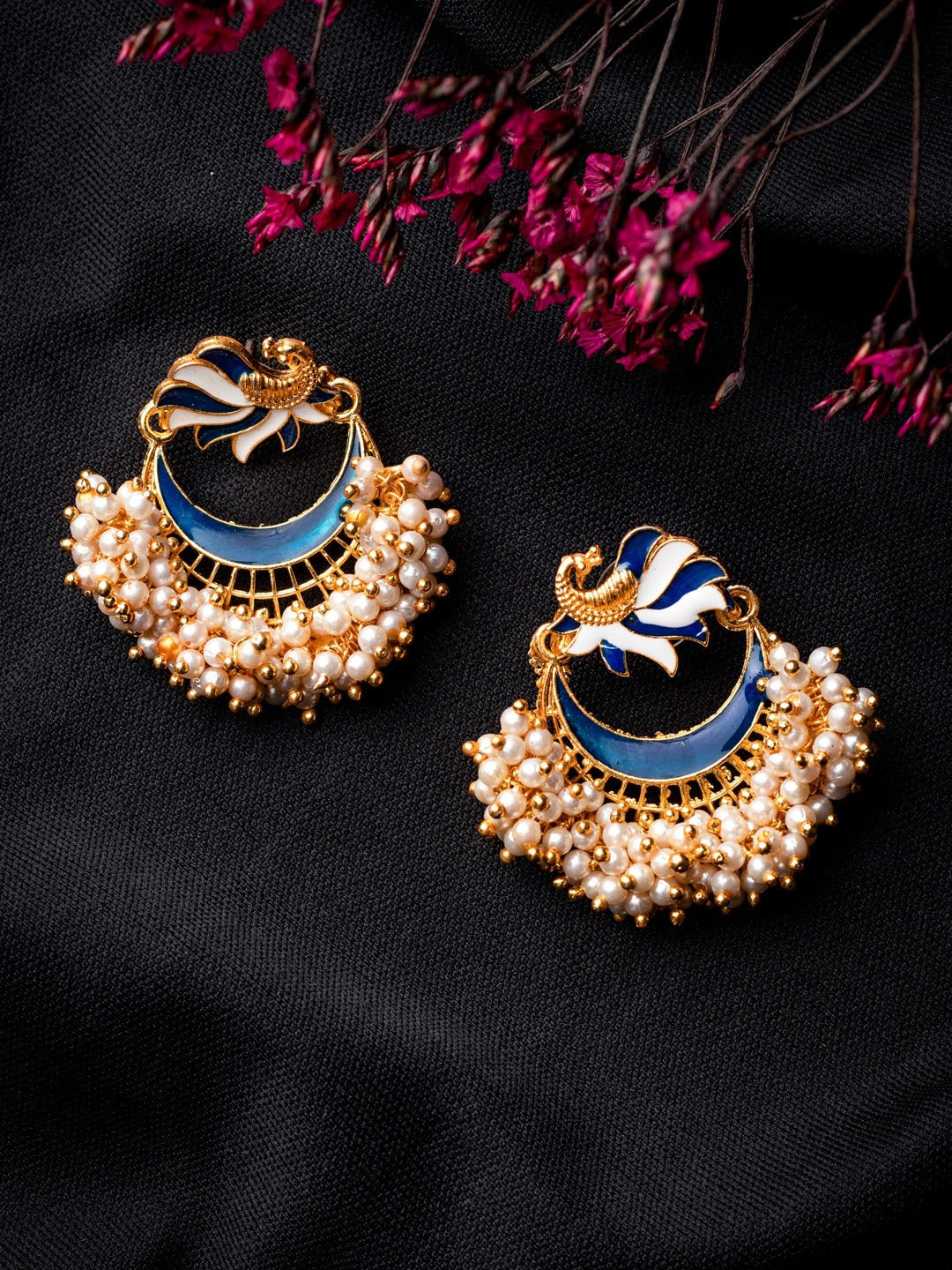 Women's Blue Gold-Toned Pearl Beaded Enamelled Peacock Shaped Chandbali Earring