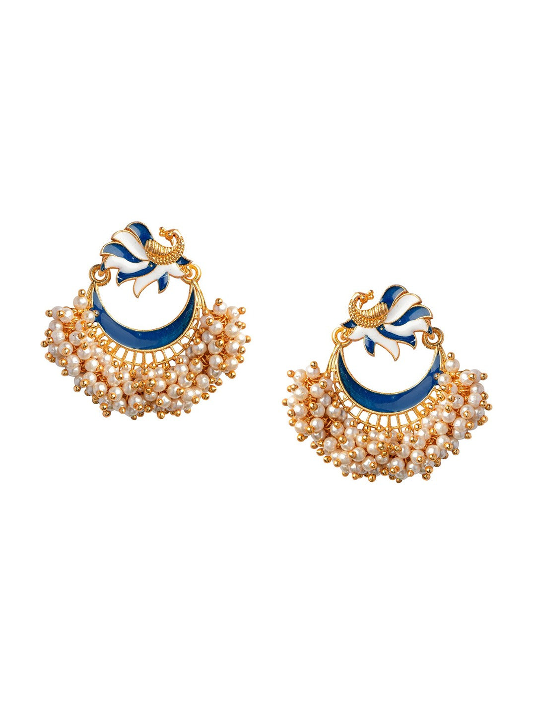 Women's Blue Gold-Toned Pearl Beaded Enamelled Peacock Shaped Chandbali Earring