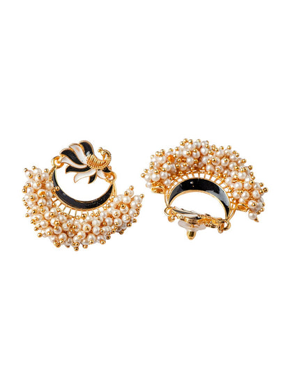 Women's Black Gold-Toned Pearl Beaded Enamelled Peacock Shaped Chandbali Earring