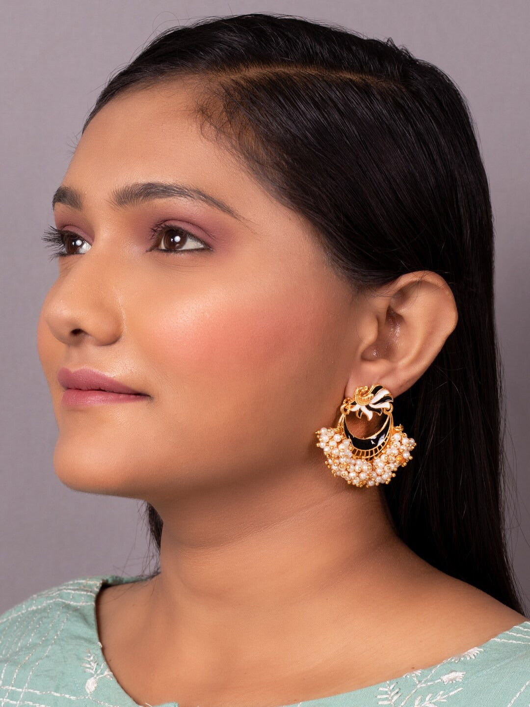 Women's Black Gold-Toned Pearl Beaded Enamelled Peacock Shaped Chandbali Earring