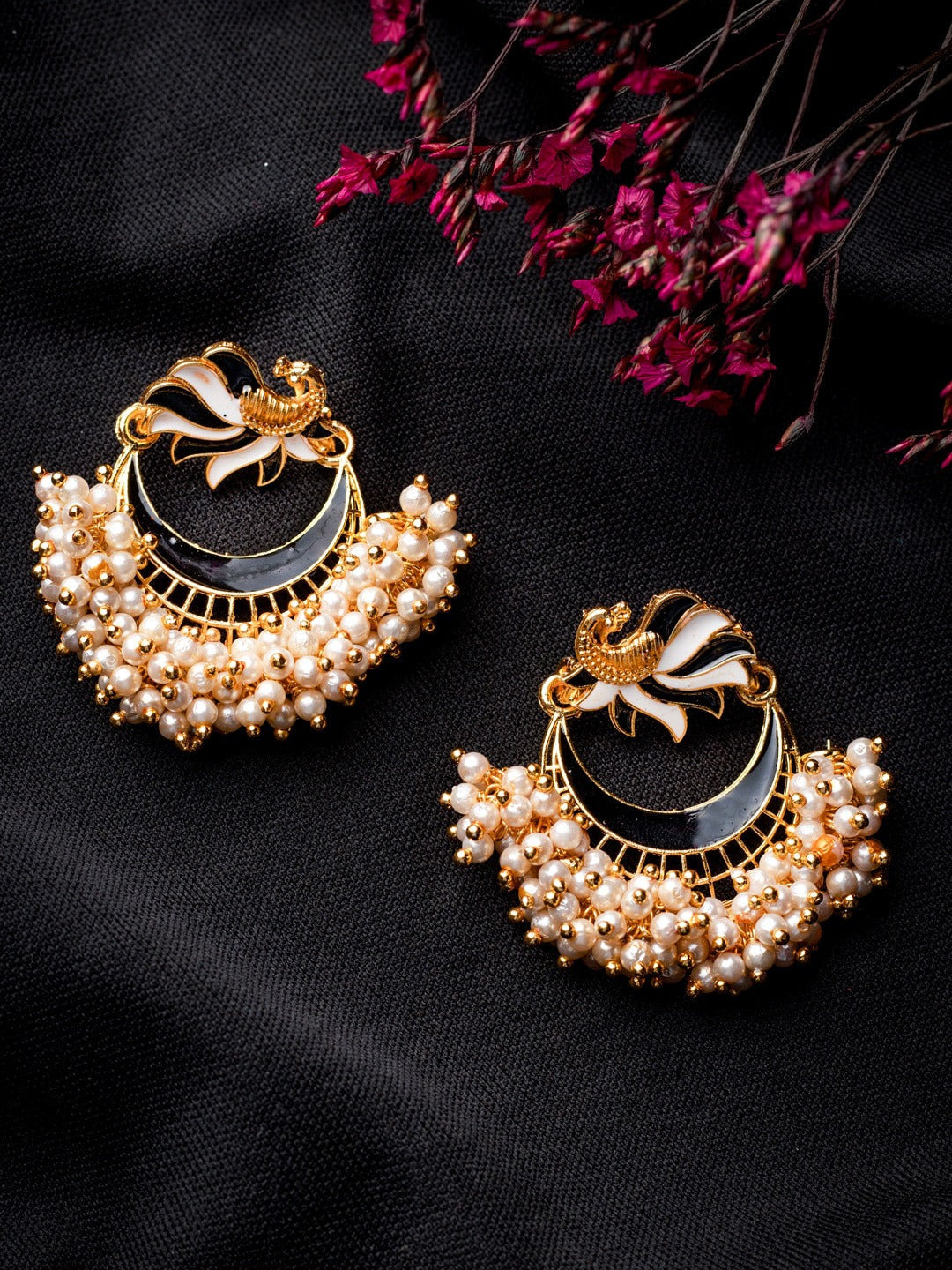 Women's Black Gold-Toned Pearl Beaded Enamelled Peacock Shaped Chandbali Earring