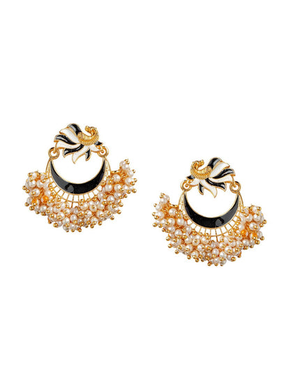 Women's Black Gold-Toned Pearl Beaded Enamelled Peacock Shaped Chandbali Earring