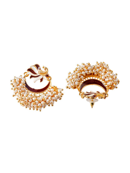 Women's Brown Gold-Toned Pearl Beaded Enamelled Peacock Shaped Chandbali Earring