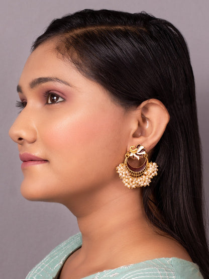 Women's Brown Gold-Toned Pearl Beaded Enamelled Peacock Shaped Chandbali Earring