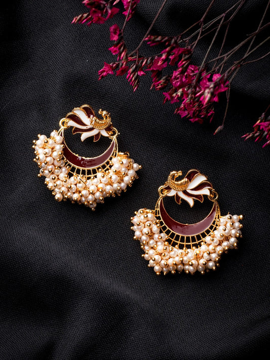 Women's Brown Gold-Toned Pearl Beaded Enamelled Peacock Shaped Chandbali Earring