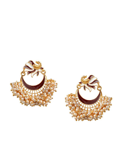 Women's Brown Gold-Toned Pearl Beaded Enamelled Peacock Shaped Chandbali Earring