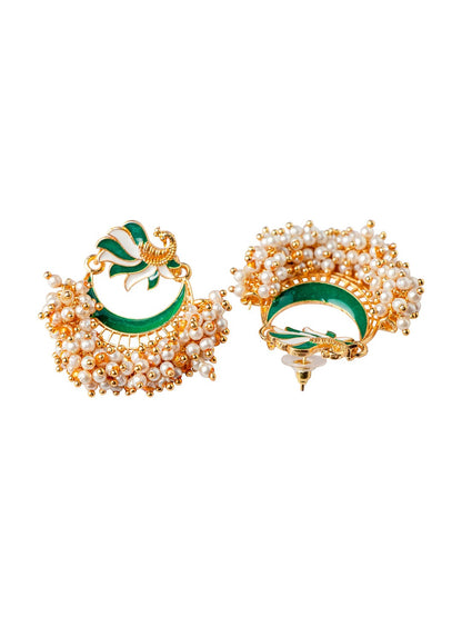 Women's Green Gold-Toned Pearl Beaded Enamelled Peacock Shaped Chandbali Earring