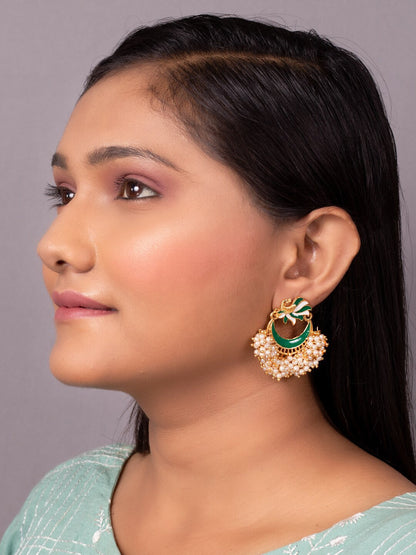 Women's Green Gold-Toned Pearl Beaded Enamelled Peacock Shaped Chandbali Earring