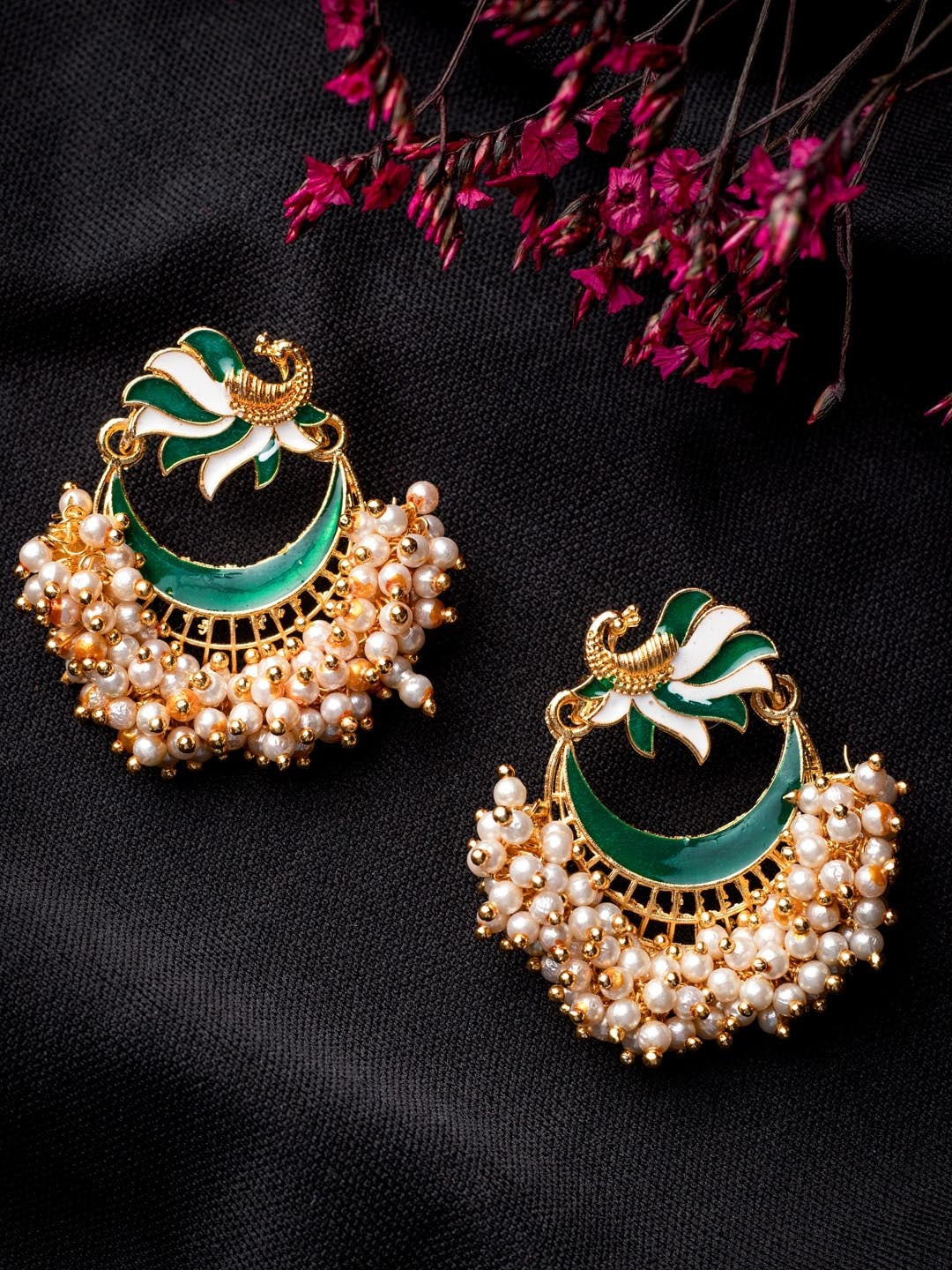 Women's Green Gold-Toned Pearl Beaded Enamelled Peacock Shaped Chandbali Earring