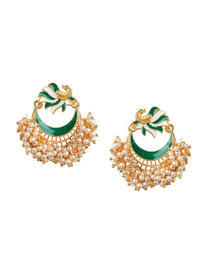 Women's Green Gold-Toned Pearl Beaded Enamelled Peacock Shaped Chandbali Earring