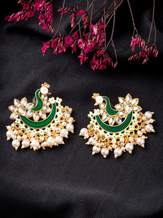 Women's Green Gold-Toned Pearl Beaded Enamel Peacock Shaped Chandbali Earring