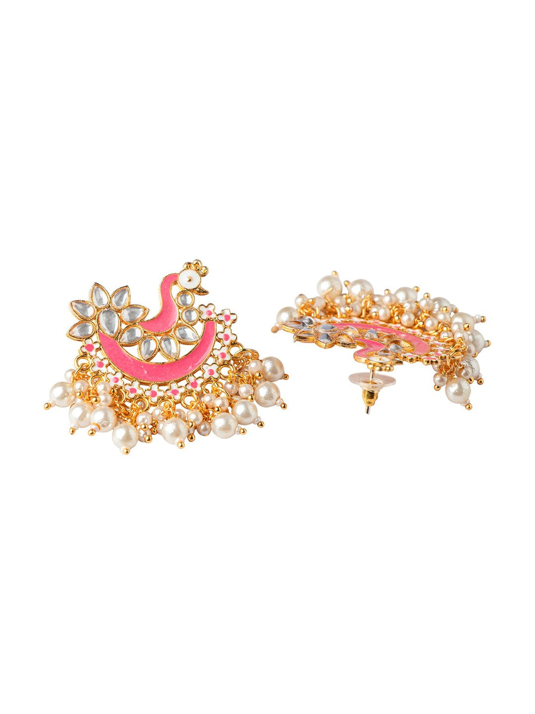 Women's Pink Gold-Toned Pearl Beaded Enamel Peacock Shaped Chandbali Earring