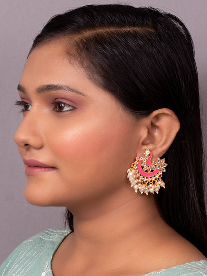 Women's Pink Gold-Toned Pearl Beaded Enamel Peacock Shaped Chandbali Earring