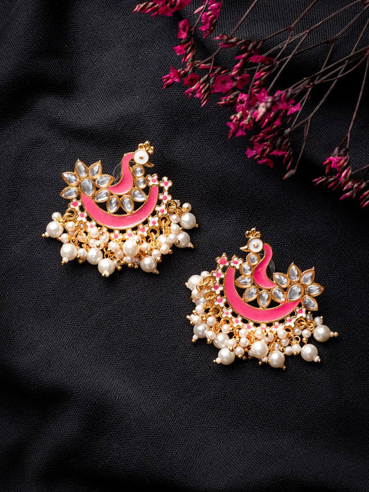 Women's Pink Gold-Toned Pearl Beaded Enamel Peacock Shaped Chandbali Earring