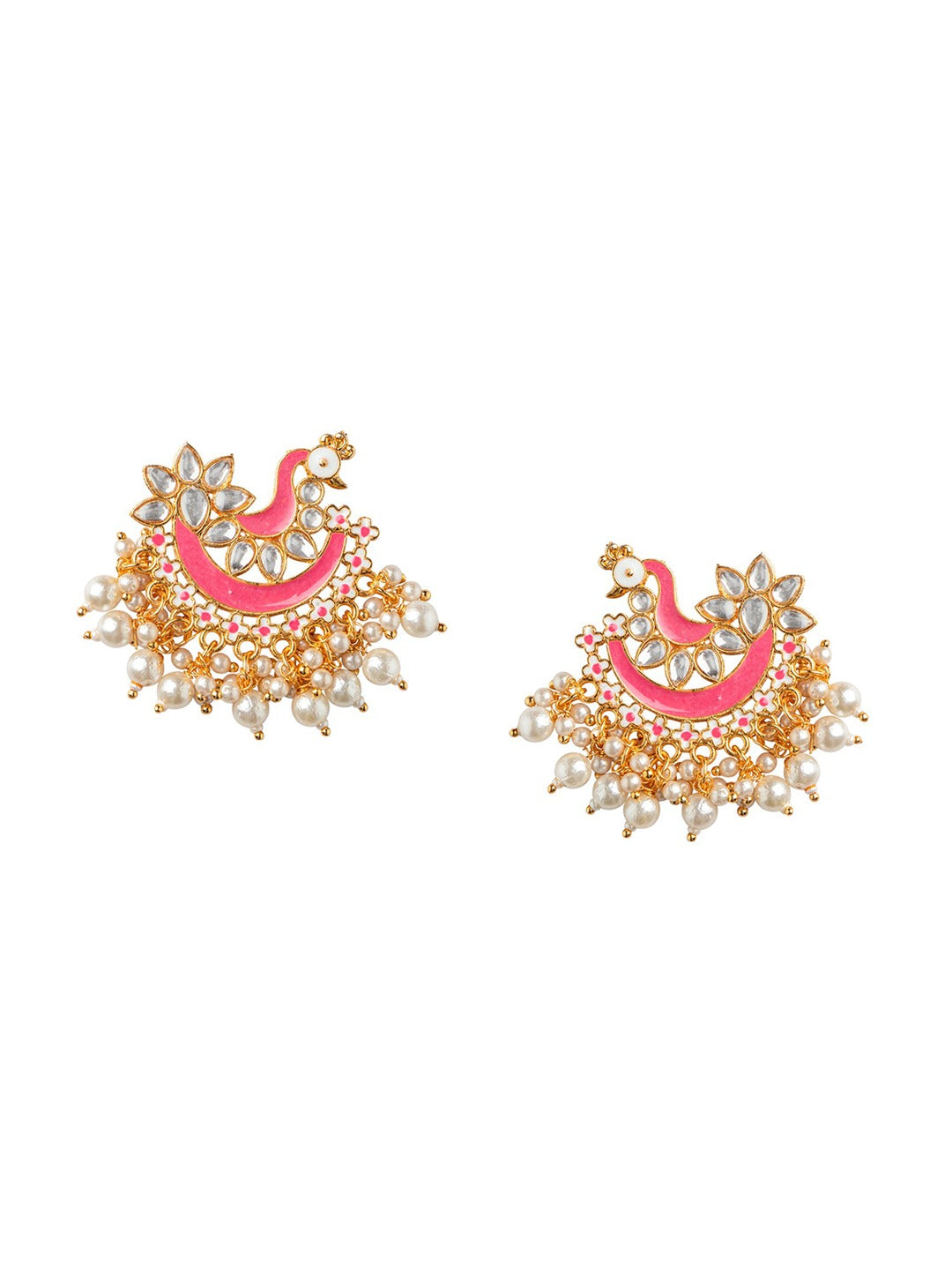 Women's Pink Gold-Toned Pearl Beaded Enamel Peacock Shaped Chandbali Earring