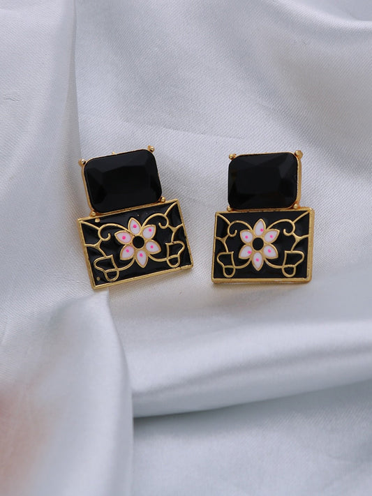 Women's Black & Gold Plated Handcrafted Square Studs Earrings