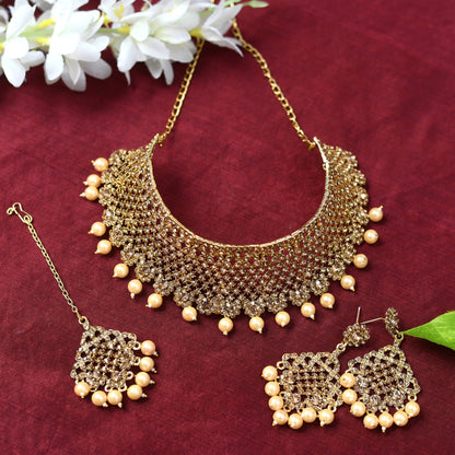 Gold-Plated Golden Necklace & Pearls with Earrings ,Tikka Jkms_160