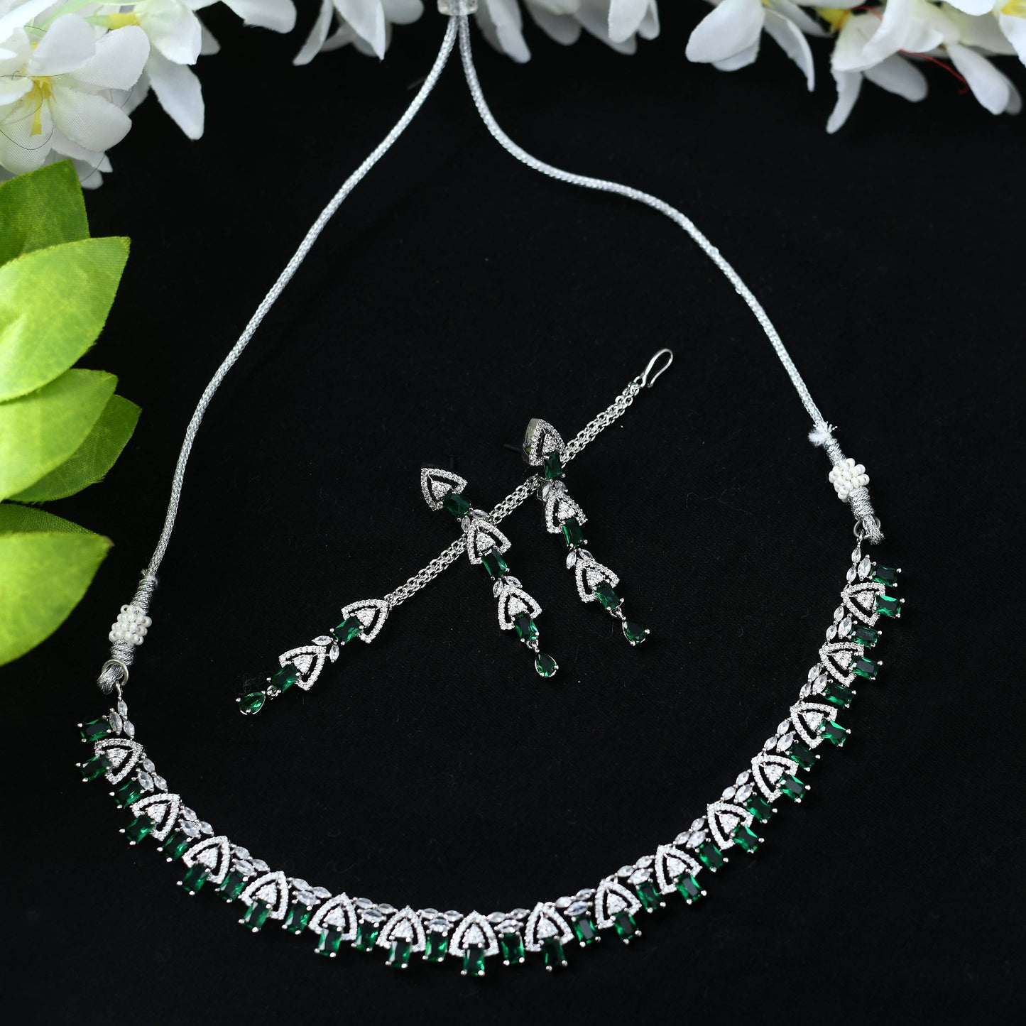 American Diamond Silver-Plated Green Ruby Jewellery Set Jkms_027