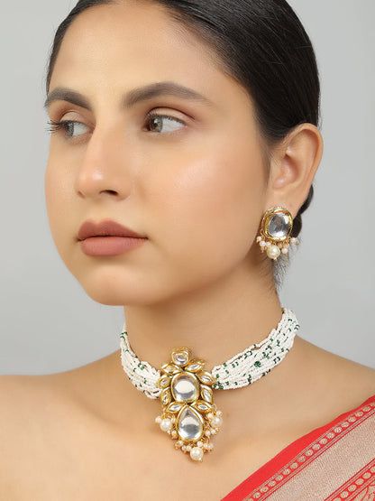 Women's Pearl Beaded Kundan Choker Necklace With Earrings